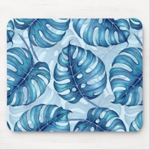 Monstera watercolor pattern blue mouse pad