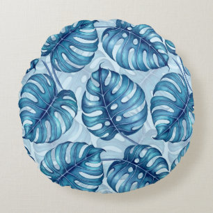 Monstera watercolor pattern blue round cushion