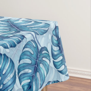 Monstera watercolor pattern blue tablecloth