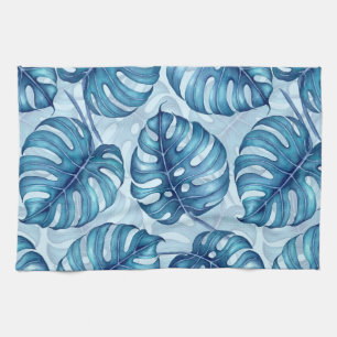 Monstera watercolor pattern blue tea towel