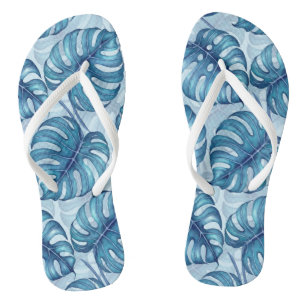Monstera watercolor pattern blue thongs