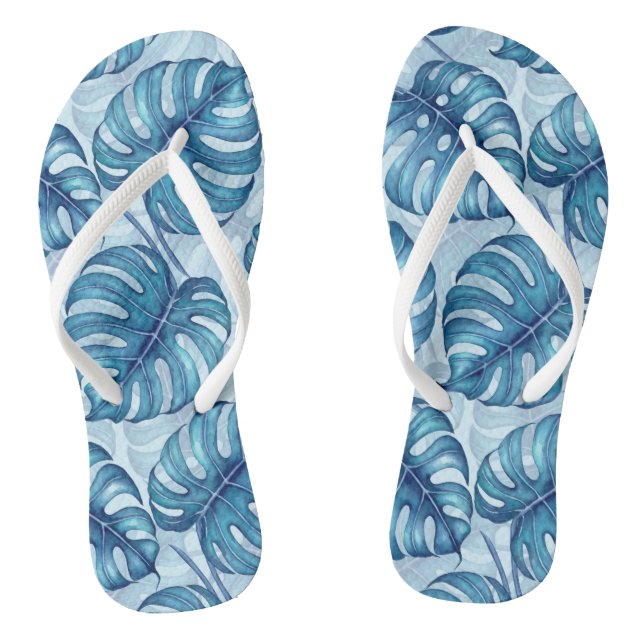 Monstera watercolor pattern blue thongs (Footbed)