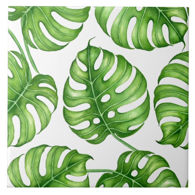 Monstera watercolor pattern ceramic tile (Front)