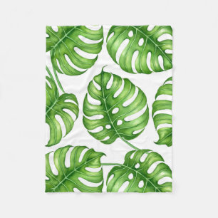 Monstera watercolor pattern fleece blanket