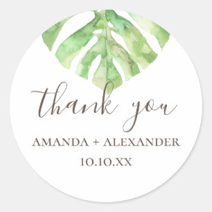 Monstera. Watercolor tropical wedding thank you Classic Round Sticker