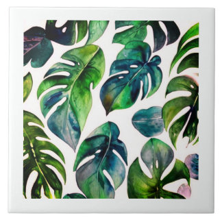 monstera watercolor with frame ceramic tile