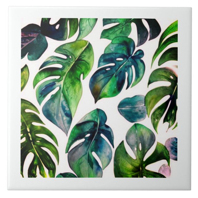 monstera watercolor with frame ceramic tile (Front)