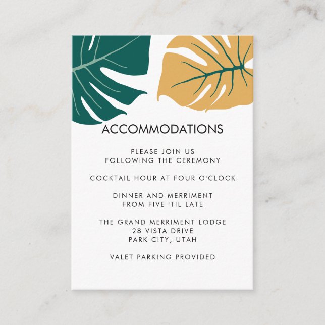 Monstera Yellow | Wedding Hotel Accommodation Enclosure Card (Front)