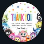Monsters Birthday Party Thank You Classic Round Sticker<br><div class="desc">Fun and colourful Monster theme Kids Birthday Party Thank You Sticker. Matching items available.</div>