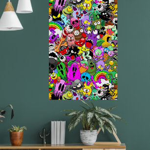 Monsters Cute Characters Halloween Pattern  Poster