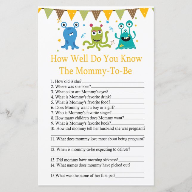 Monsters How well do you know baby shower game (Front)