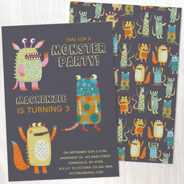 Monsters Kids Age Birthday Party Invitation (Cute monster kids age personalized birthday party invitation)