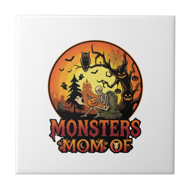 Monsters Mum Halloween Skeleton Pumpkin Owl Spooky Ceramic Tile (Front)