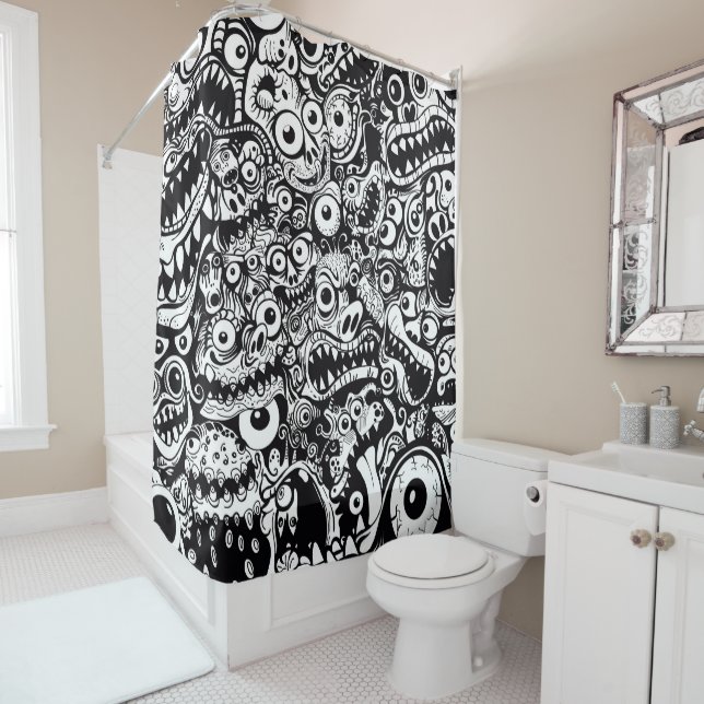 monsters pattern ugly abstract spooky scary creepy shower curtain (In Situ)