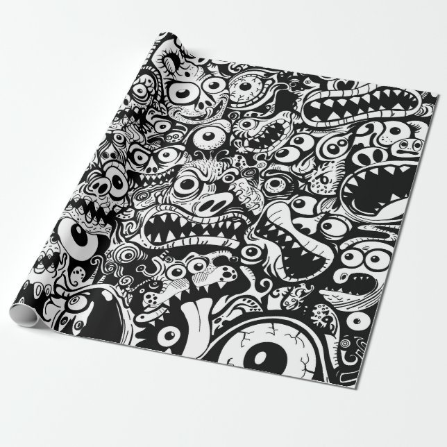 monsters pattern ugly abstract spooky scary creepy wrapping paper (Unrolled)