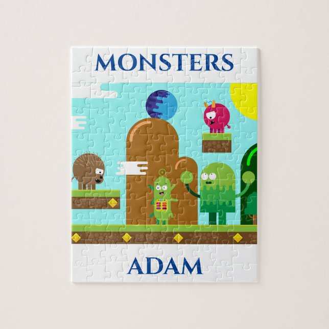 Monsters puzzle with child's name. (Vertical)