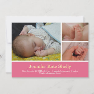 Montage 3 photo sweet pink baby birth announcement