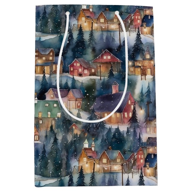 Montana Christmas at Midnight Street Watercolor Medium Gift Bag (Front)