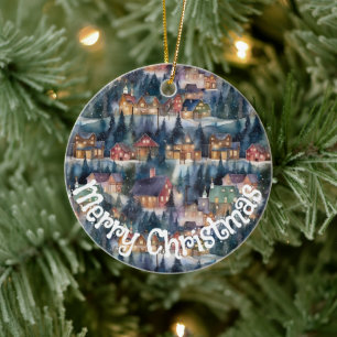 Montana Christmas Cowboy Town at Night Ceramic Ornament