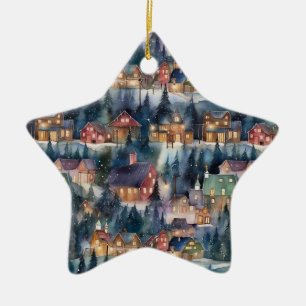 Montana Christmas Cowboy Town at Night Ceramic Ornament