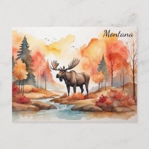 Montana Fall Nature Watercolor Moose Travel Postcard