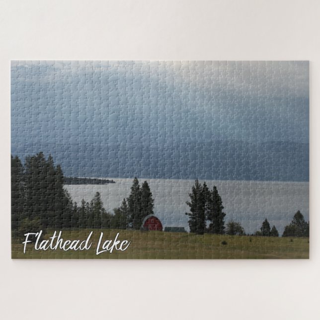 Montana Flathead Lake Shore Red Barn Trees Jigsaw Puzzle (Horizontal)