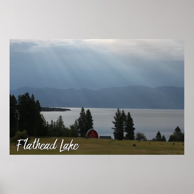 Montana Flathead Lake Shore Red Barn Trees Poster (Front)