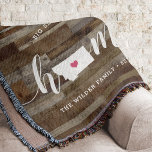 Montana Home State Personalised Wood Look Throw Blanket<br><div class="desc">Show some home state pride with this cute rustic faux wood plank throw blanket featuring "home" in white calligraphy script lettering with a silhouette map of the state of Montana standing in for the letter "O." A pink heart illustration inside the state map completes the design; you can change the...</div>