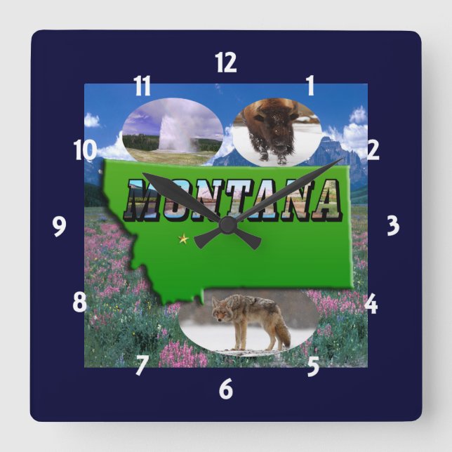 Montana Map Outline, Photo Text and Pictures Square Wall Clock (Front)