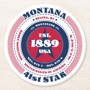 Montana Red White Blue Typography Round Paper Coaster
