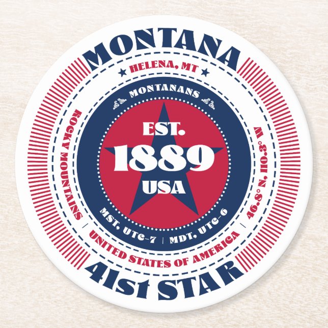 Montana Red White Blue Typography Round Paper Coaster (Front)