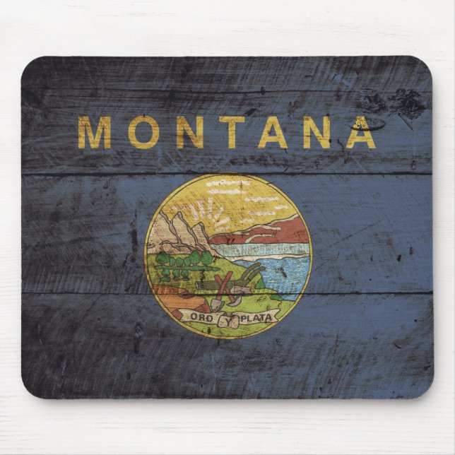 Montana State Flag on Old Wood Grain Mouse Pad (Front)