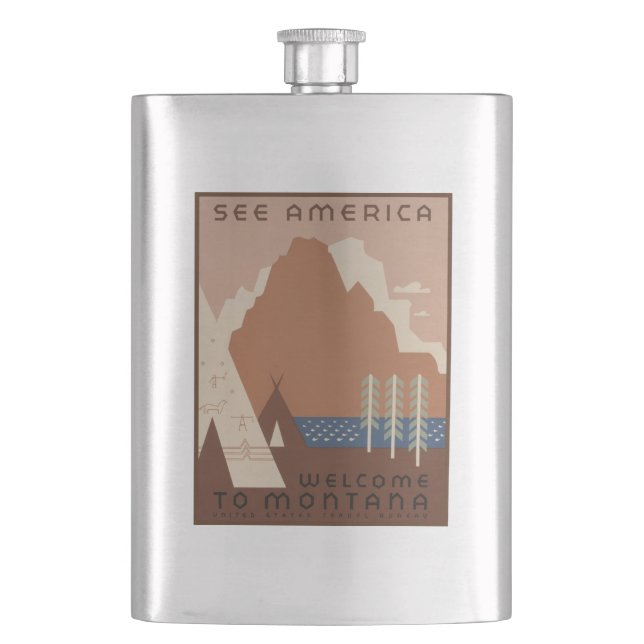 Montana State: Indian Tribes, Mountains, Prairie Hip Flask (Front)