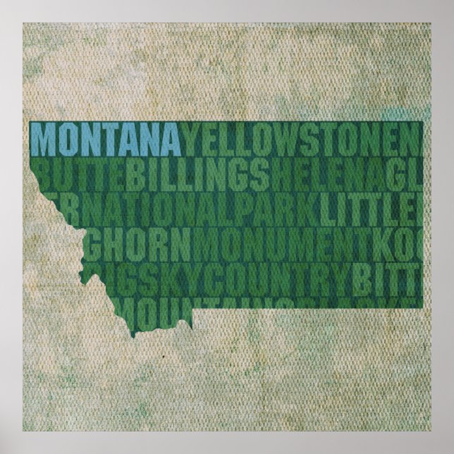 Montana State Outline Word Map on Canvas Poster (Front)