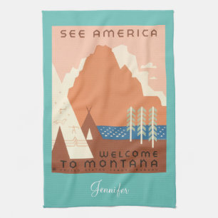 Montana Vintage Poster, DIY Name, Light Teal Tea Towel