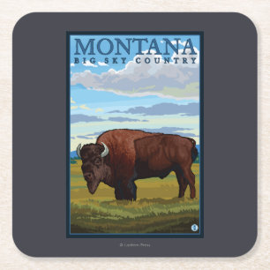 MontanaBison Vintage Travel Poster Square Paper Coaster