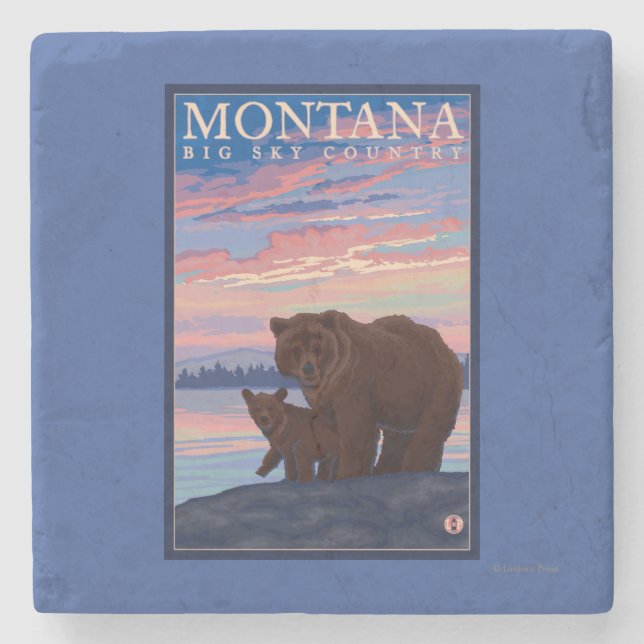 MontanaMomma Bear and Cub Vintage Travel Stone Coaster (Front)