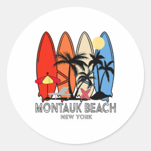 Montauk Beach New York Retro Surfboard Vintage Classic Round Sticker