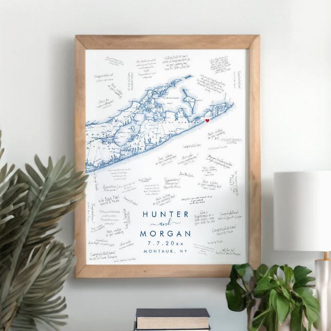 Montauk Hamptons Wedding Modern Guest Book Poster (This Hamptons map alternative guest book poster is perfect for your Montauk destination wedding.)