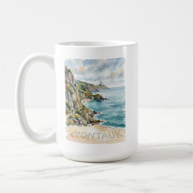 Montauk Lighthouse Watercolor Beach Scene Sandy  Coffee Mug (Left)