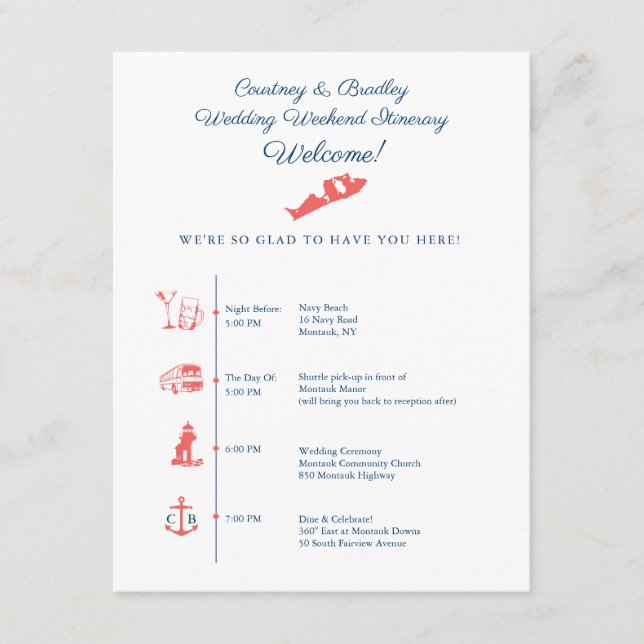 Montauk NY Wedding Reception Itinerary Timeline Enclosure Card (Front)