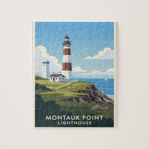 Montauk Point Lighthouse, Coastal Cliff & Sailboat Jigsaw Puzzle