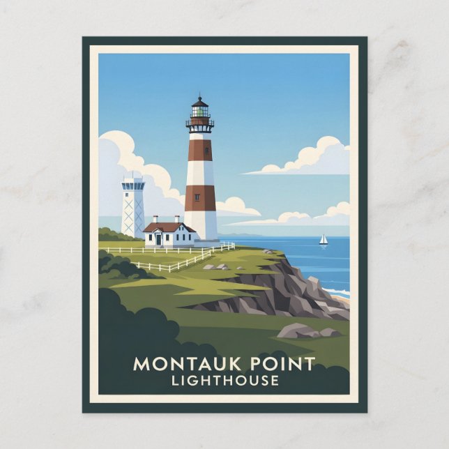 Montauk Point Lighthouse, Coastal Cliff & Sailboat Postcard (Front)
