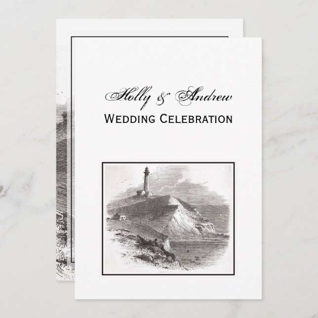Montauk Point Lighthouse Hamptons Wedding V Invitation (Front/Back)