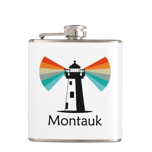Montauk Point New York Lighthouse Rainbow Hip Flask (Front)