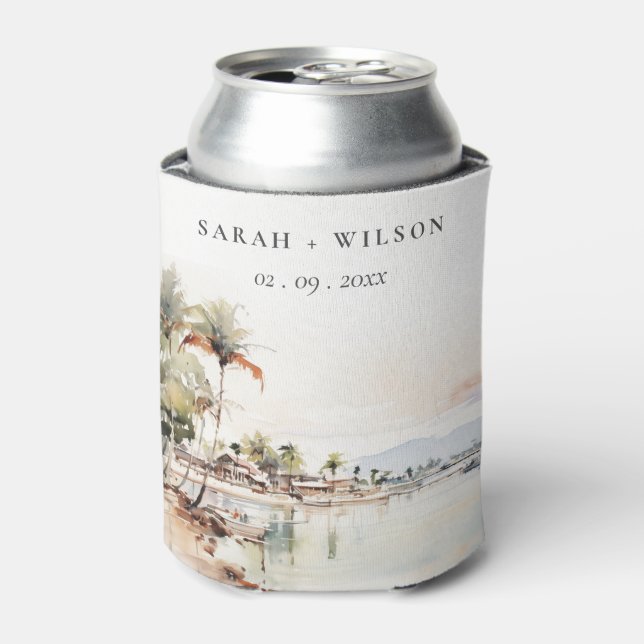 Montego Bay Jamaica Watercolor Landscape Wedding Can Cooler (Can Front)