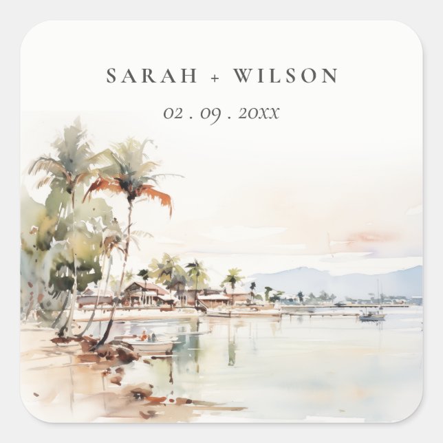 Montego Bay Jamaica Watercolor Landscape Wedding Square Sticker (Front)