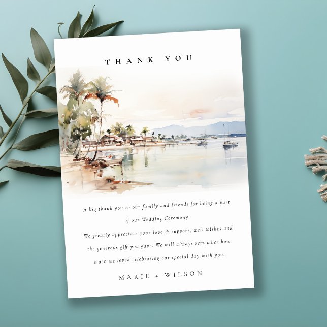 Montego Bay Jamaica Watercolor Landscape Wedding Thank You Card (Creator Uploaded)
