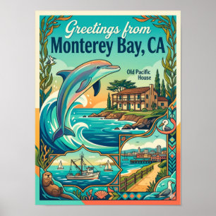 Monterey Bay California Dolphin Vintage Style Poster