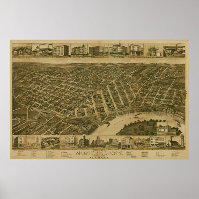 Montgomery Alabama 1887 Antique Panoramic Map Poster (Front)